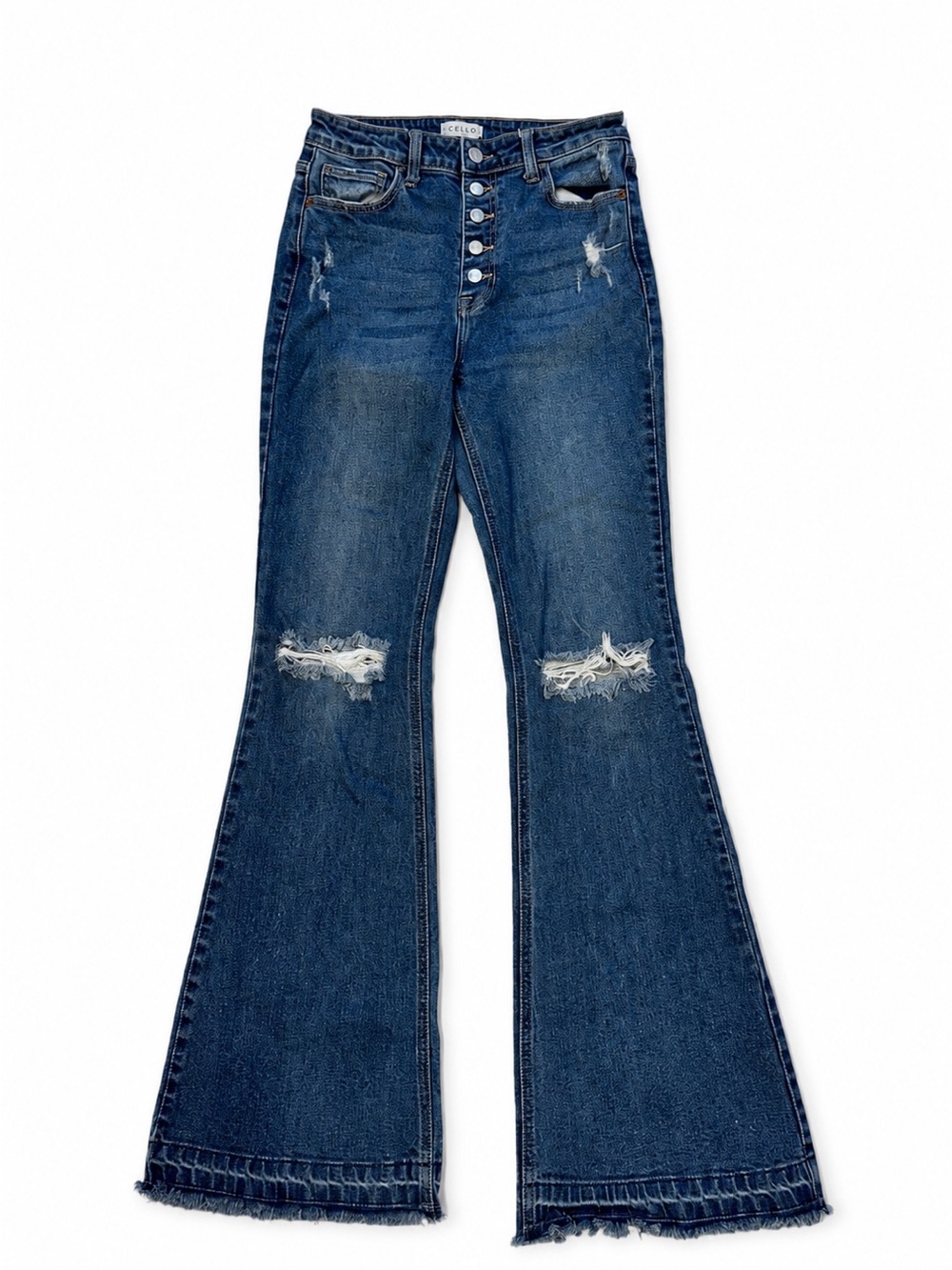 CELLO Size 7 High Rise Distressed Flare Jeans Button Fly Raw Hem